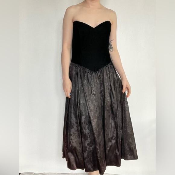 Gunne Sax by Jessica McClintock Vintage Black Velvet Strapless Dress Floral M - Picture 1 of 16